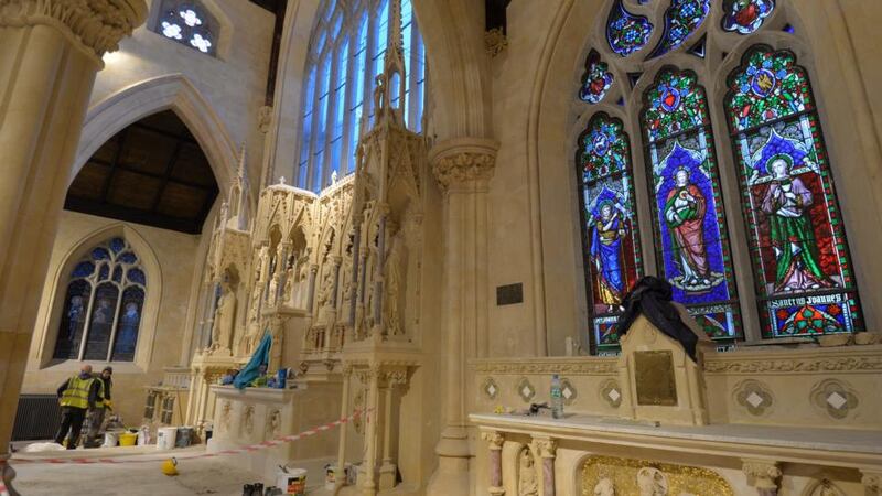 Final restoration work being completed at St Catherine’s Church after a fire in 2012. Photograph: Alan Betson