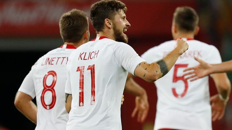 Poland’s Mateusz Klich celebrates scoring a late equaliser in the friendly international against the  Republic of Ireland at the Stadion Miejski in Wroclaw. Photograph: Kacper Pempel/Reuters