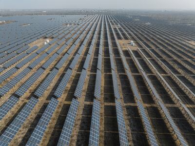 
A giant solar power farm in Beijing. Photograph: Gilles Sabrié/The New York Times