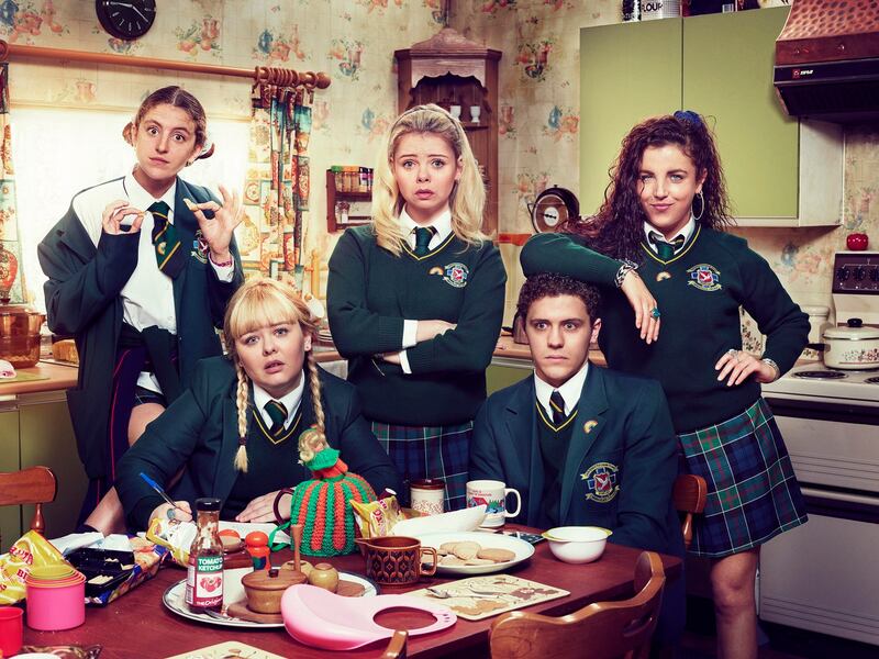 From left to right: Orla (Louise Harland), Clare (Nicola Coughlan), Erin (Saoirse-Monica Jackson), James (Dylan Llewellyn) and Michelle (Jamie-Lee O’Donnell) in Derry Girls. Photograph: Channel 4