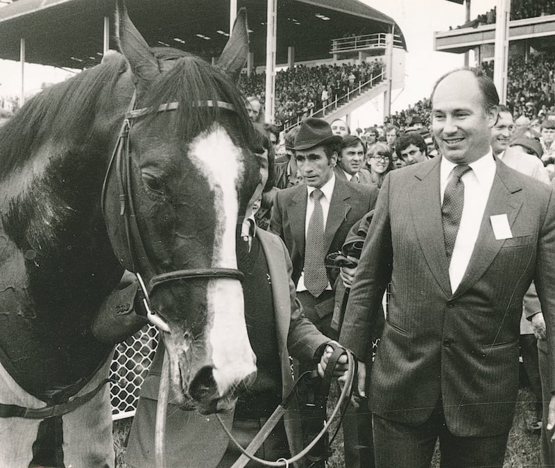 The Aga Khan with Shergar after the Irish Sweeps Derby. Photograph: Paddy Whelan