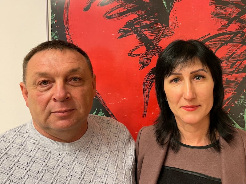 Ukrainian history teacher Serhiy Nosach and his wife, Tetiana. Nosach was taken from his home in Beryslav in southern Ukraine by occupying Russian forces last August and tortured with beatings and electrocution in an effort to make him collaborate. Photograph: Daniel McLaughlin