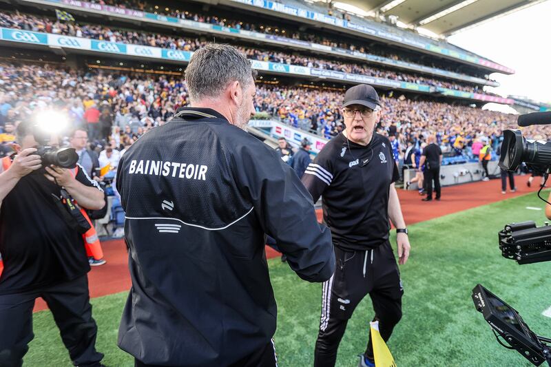 Kilkenny manager Derek Lyng and Clare manager Brian Lohan after the game. Photograph: Bryan Keane/Inpho