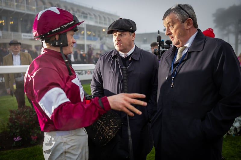 Sam Ewing, trainer Gordon Elliott and Eddie O’Leary after winning with Croke Park. Photograph: Morgan Treacy/Inpho