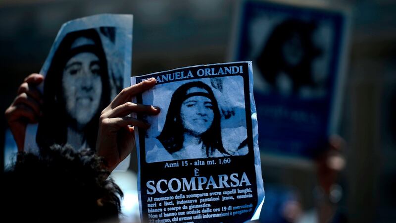 A demonstrator holds a poster of Emanuela Orlandi reading “Missing” during Pope Benedict XVI’s Regina Coeli noon prayer in St. Peter’s square, at the Vatican on May 27th, 2012. Photograph:  Filippo Monteforte/AFP/Getty Images