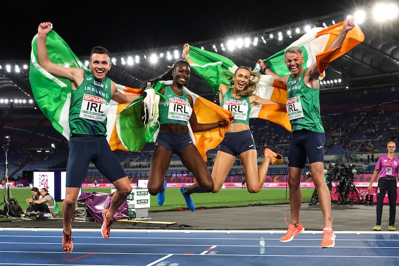 Ireland’s Chris O’Donnell, Rhasidat Adeleke, Sharlene Mawdsley and Tom Barr celebrate winning a gold medal at the European Athletics Championships in Rome. Photograph: Morgan Treacy/Inpho