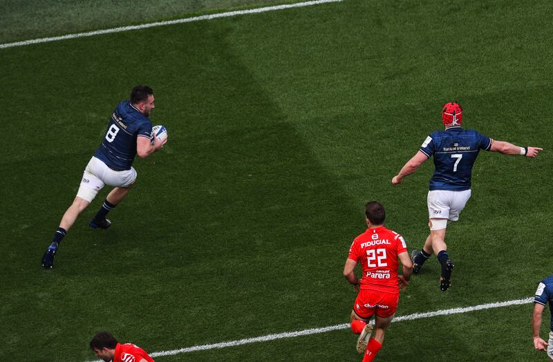 Leinster’s Jack Conan scores his sides second try against Toulouse in the semi-final. Photograph: Inpho/Dan Sheridan