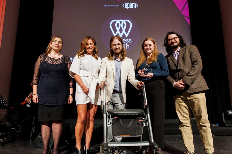 Matt McCann, Amy Whelan and Donal McClane accepting the Social Impact Award on behalf of Access Earth. Presented by Rachel Corcoran and Barbara Stefansca of Epam