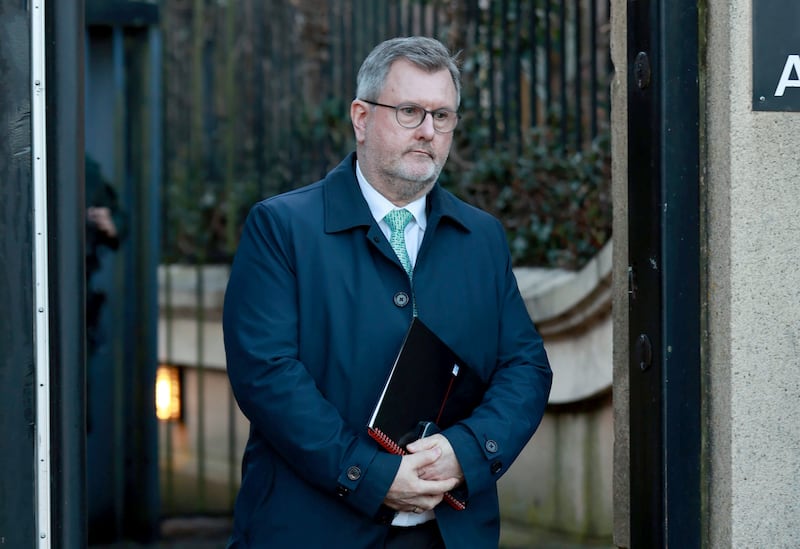 Jeffrey Donaldson leaves Newry Crown Court on Friday following a 'no bill' hearing where his wife, Eleanor Donaldson, is seeking to have two charges dismissed in the historical sex offences case involving them both. Photograph: Liam McBurney/PA Wire