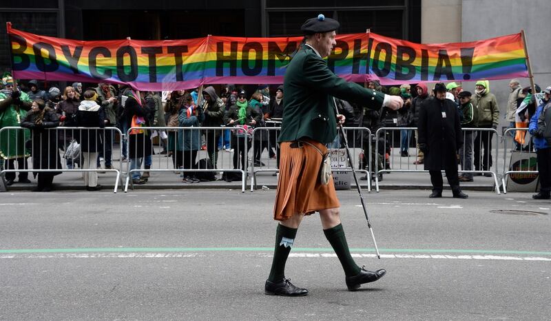 Taoiseach  Enda Kenny is interviewed while walking in the annual St Patrick’s Day parade along Fifth Ave in Manhattan in New York City. Photograph: Andrew Burton/Getty Images.