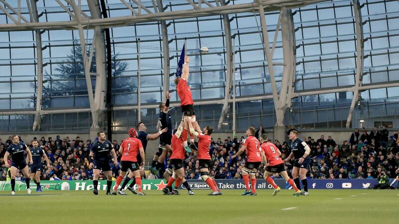 A view of a lineout during the Heineken  Champions Cup quarter-final between Leinbster and Ulster  at the Aviva Stadium. Photograph:  Donall Farmer/PA Wire