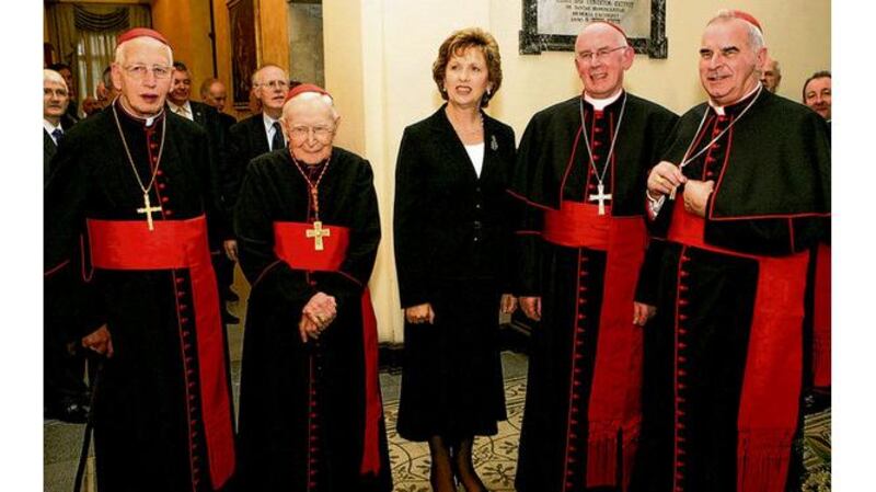 Cardinal Keith O'Brien with president Mary McAleese and Cardinals Desmond Connell, Cahal Daly and Seán Brady at the Irish College in Rome in 2007. photographs: dara mac donaill; reuters