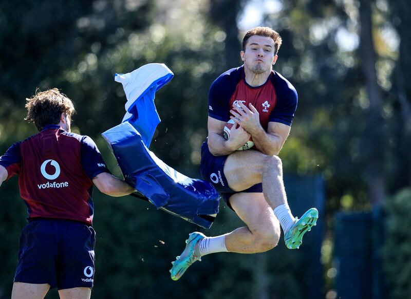 Mack Hansen and Jacob Stockdale taking part in the Ireland squads training session at The Campus, Faro, Portugal . Photograph: Dan Sheridan/Inpho 