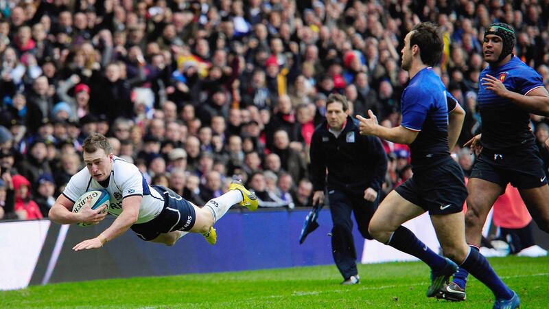 After his  Test debut at 19 as a replacement against Wales in Cardiff in the 2012 Six Nations, Stuart Hogg scored a try in the ninth minute of his fist start against France at Murrayfield a fortnight later. Photograph: Inpho/Getty Images