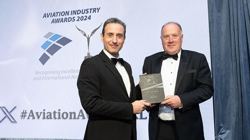 Kyriakos Kourousis, awards judge, presents the general & sport aviation award to Bernard Cullen, Athboy Aviation