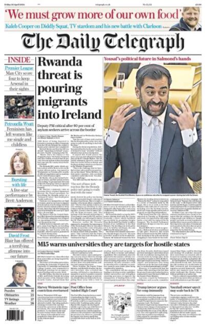 The Daily Telegraph's front page on Friday, April 26th