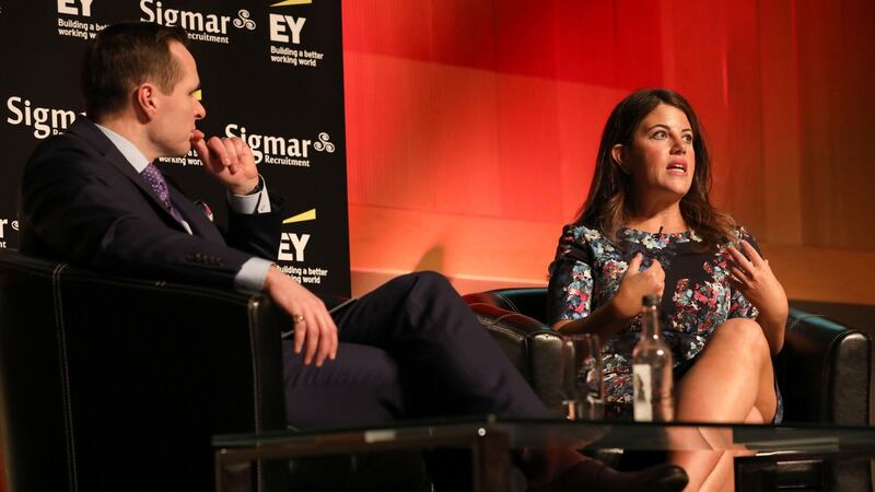 Guest speaker Monica Lewinsky in conversation with Robert Mac Giolla Phádraig, founder of the Talent Summit Photograph: Bryan Brophy / 1IMAGE Photography