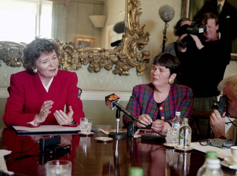 President Mary Robinson with her adviser Bride Rosney (R) at a press conference in 1996. Photograph: Eamonn Farrell/RollingNews.ie