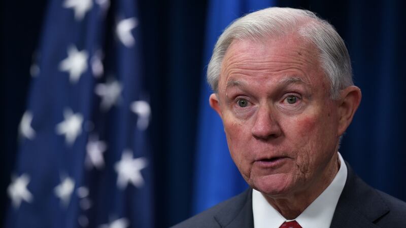 US attorney general Jeff Sessions speaks on visa travel at the US Customs and Border Protection Press Room in Washington, DC. Photograph: Mandel Ngan/AFP/Getty Images