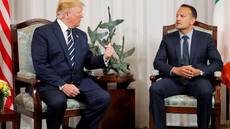 US president Donald Trump and Taoiseach Leo Varadkar speak to the media at Shannon Airport ahead of their bilateral meeting. Photograph: Carlos Barria/Reuters.