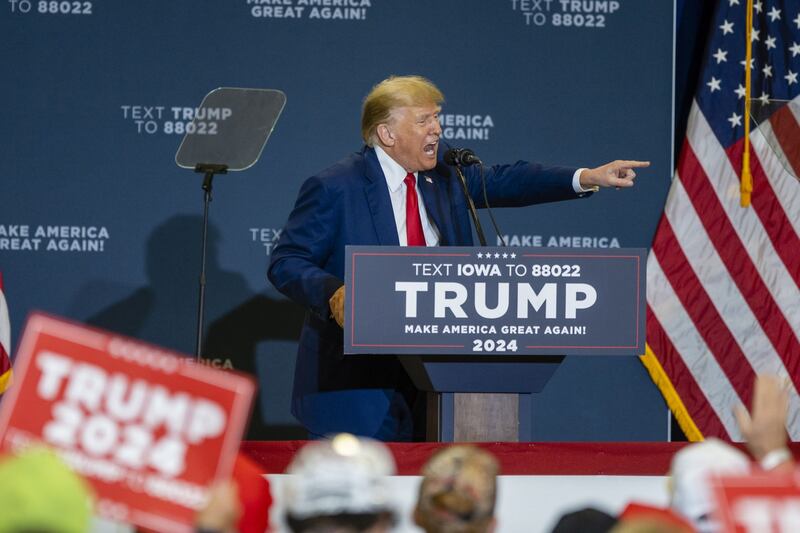 Former US president Donald Trump gestures during a campaign rally in Mason City, Iowa, US, on Friday, January 5th, 2024. Photograph: KC McGinnis/Bloomberg