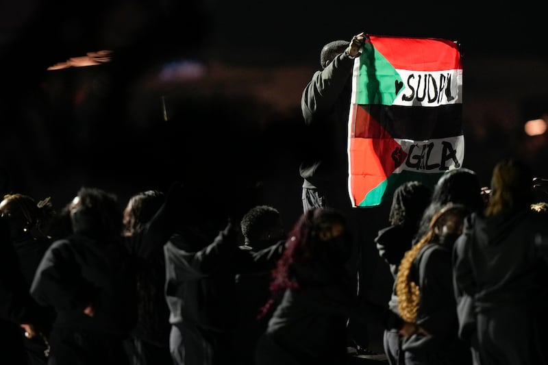 An attendee holds flags during halftime at the NFL Super Bowl. Photograph: Frank Franklin II/AP