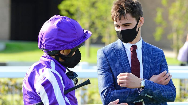 Ryan Moore with Donnacha O’Brien after winning the Moyglare Stud Stakes at the Curragh. Photograph: PA