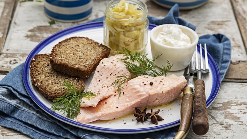 Butter poached salmon, sticky fennel jam. Photograph: Harry Weir