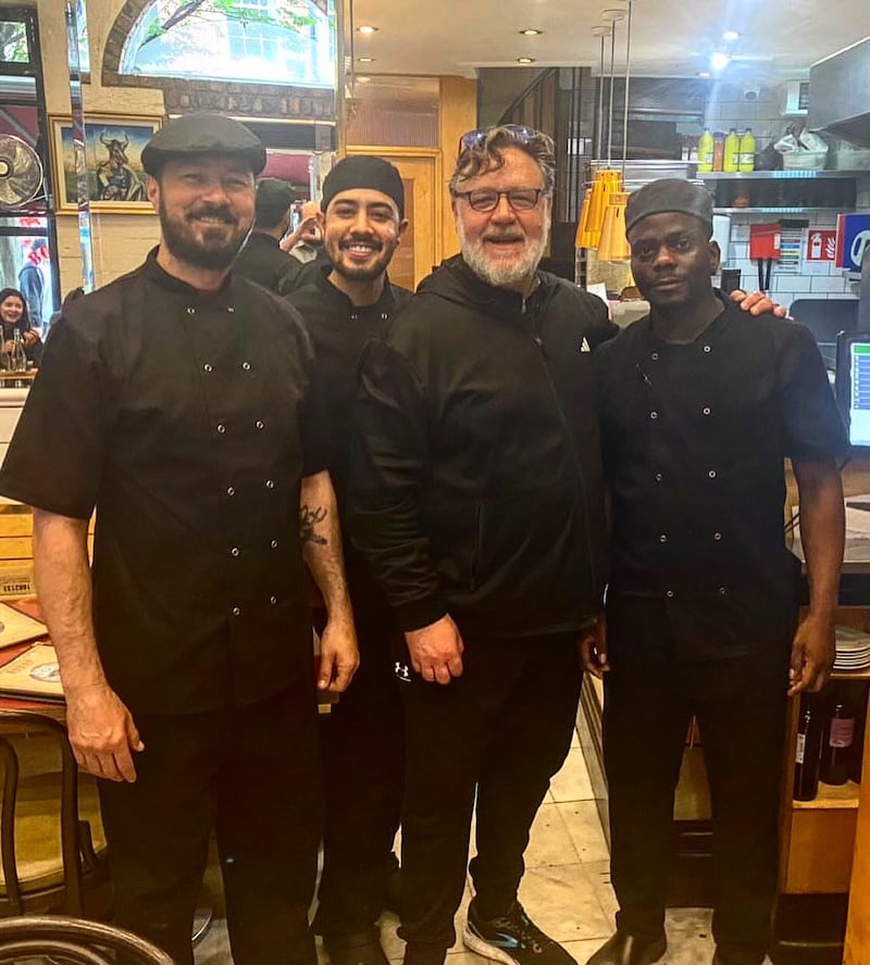 Actor Russell Crowe with the team at Bouef & Frites, which has galloped into the TikTok game with gleeful abandon