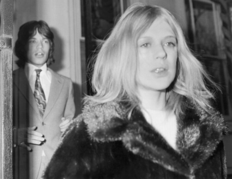 Marianne Faithfull with her then boyfriend Mick Jagger of the Rolling Stones on their way to Marlborough Street magistrate’s court, London in  December 1969 for their second court appearance after their arrest on a charge of cannabis possession the previous May. Photograph: Central Press/Hulton Archive/Getty Images