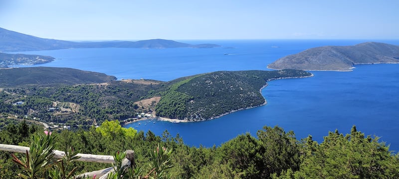 High angle view of sea and mountains against sky,Skyros,Greece