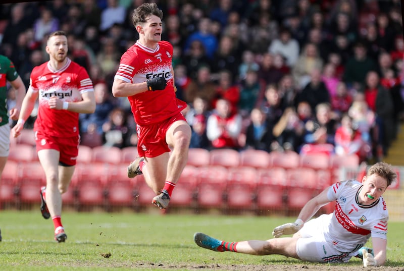 Derry’s Patrick McGurk scores a goal against Mayo at Celtic Park. Photograph: Lorcan Doherty/Inpho