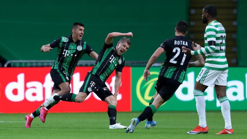 Ferencvaros’ David Siger celebrates scoring the opener at Parkhead. Photograph: Andrew Milligan/PA Wire