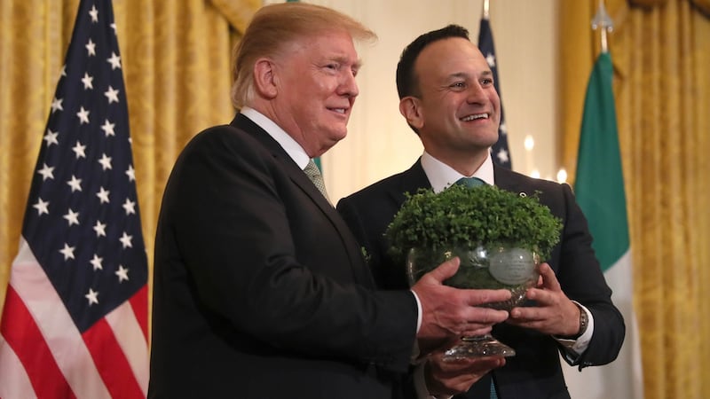 Taoiseach Leo Varadkar presenting US president Donald Trump with a bowl of Shamrock at the White House. Photograph: Brian Lawless/PA Wire