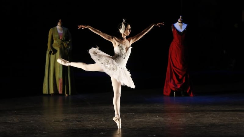 Monica Loughman performing among costumes from the Abbey Theatre Costume Department at the 2012 Allianz Business to Arts Awards at the Bord Gáis Energy Theatre. Photograph: Ronan Healy