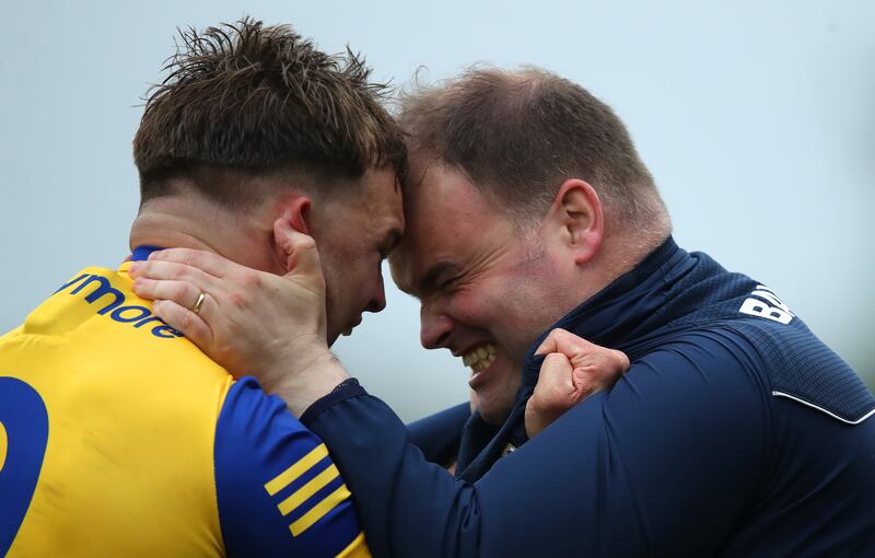 Roscommon manager Davy Burke with Ultan Harney. Photograph: Leah Scholes/Inpho