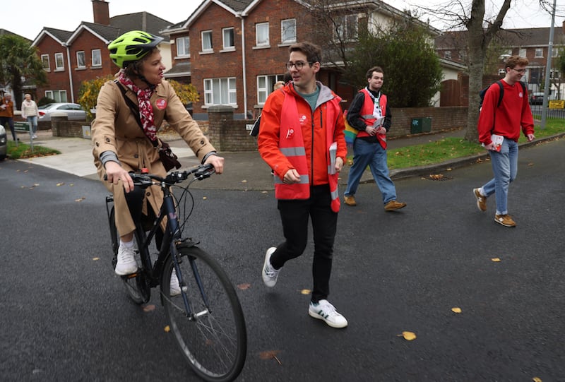 Labour Party leader Ivana Bacik TD on the election campaign trail in Kimmage, Dublin, with Dublin South-West candidate Cllr Ciarán Ahern. Photograph: Bryan O’Brien
