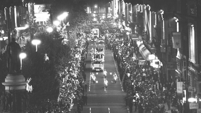 Pope John Paul and his cavalcade proceeding down O’Connell Street as part of his Papal Visit to Ireland in 1979. Photograph: Jimmy McCormack/ The Irish Times