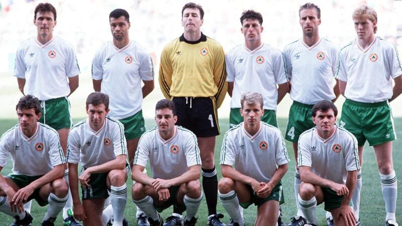 The Ireland team line up before their match against Egypt at the 1990 World Cup. Photograph: Billy Stickland/Inpho