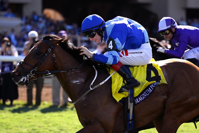 Magnum Force, ridden by Colin Keane, wins the Breeders' Cup Juvenile Turf Sprint on day one of the 2024 Breeders’ Cup World Championships at Del Mar Thoroughbred Club. Photograph: Orlando Ramirez/Getty Images