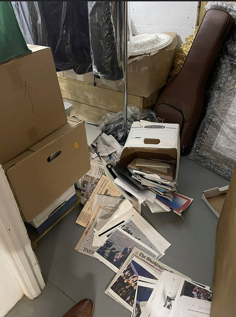 In an image from the US Justice Department indictment of Donald Trump, boxes of documents stored in a bathroom at his Mar-a-Lago club in Florida in early 2021. Photograph: Justice Department via The New York Times