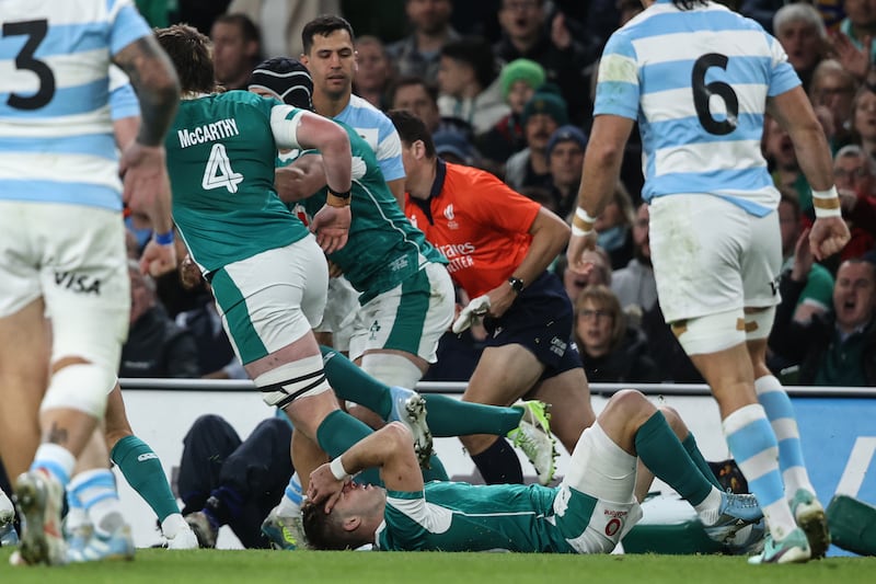 Ireland's Jack Crowley took plenty of hard physical contact during the Ireland-Argentina contest. Photograph: Ben Brady/Inpho