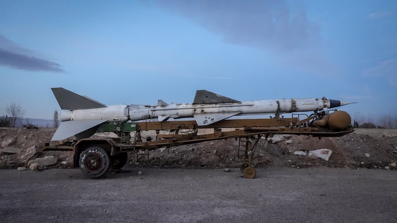 A missile at an abandoned military base used by the Assad regime, in Eastern Ghouta. Photograph: Sally Hayden