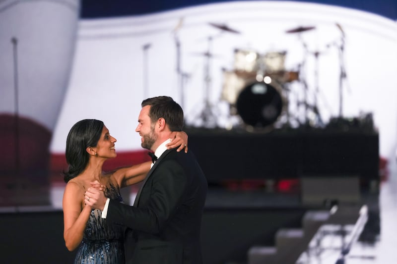 JD and Usha Vance dance at the Liberty Ball. Photograph: Maasni Srivastava/EPA