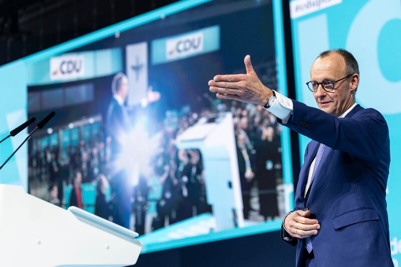 Friedrich Merz, chancellor candidate and leader of the Christian Democrats after his speech to delegates at a CDU party congress. Photograph: Maja Hitij/Getty