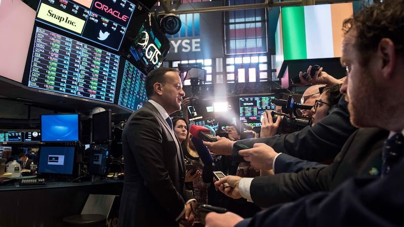 Taoiseach Leo Varadkar  talking to the media on the floor of the New York Stock Exchange this week.