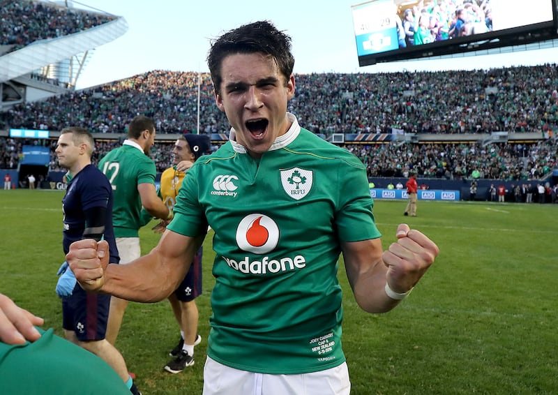 A young Joey Carbery celebrates the win over New Zealand in Chicago. Photograph: Dan Sheridan/Inpho 