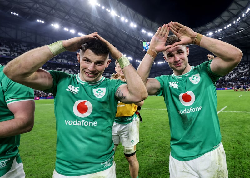 Ireland's Calvin Nash and Jack Crowley after the game. Photograph: Dan Sheridan/Inpho