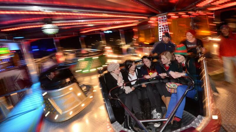 Conor Pope on the waltzers with Graham Curry. Photograph: Dara Mac Dónaill