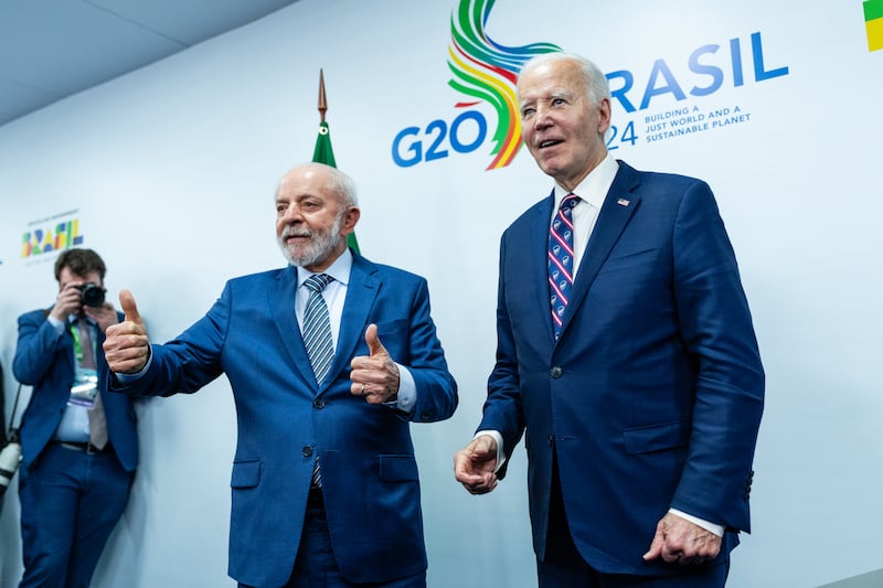 President Luiz Inacio Lula da Silva of Brazil meets US president Joe Biden for a working lunch at the Group of 20 Summit meeting in Rio de Janeiro on Tuesday. Photograph: Eric Lee/The New York Times
                      